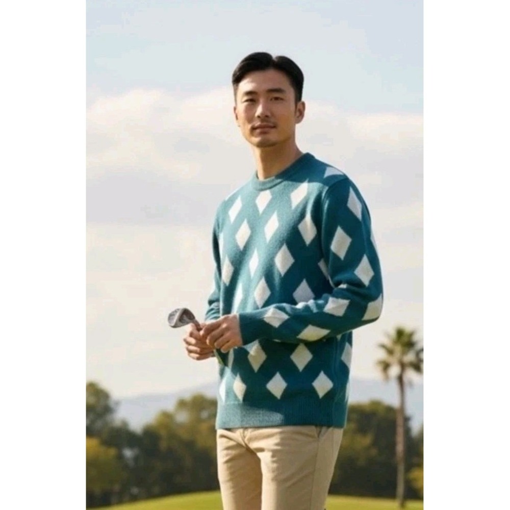 Bogey Boys Mens XL Teal Rhombus Crew Neck Sweater Golf Preppy Vintage Look